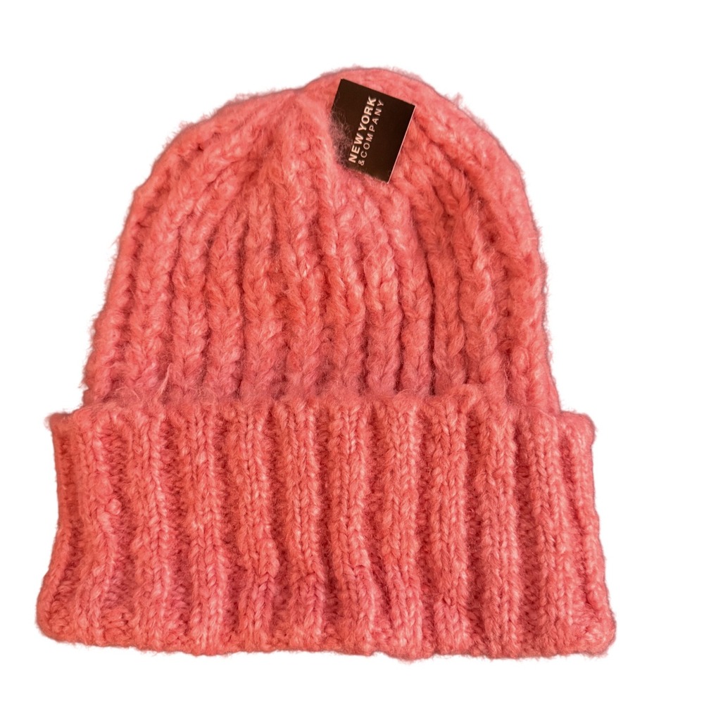 New York Company Pink Chunky Knit Ribbed Beanie Hat Cozy Winter Warm